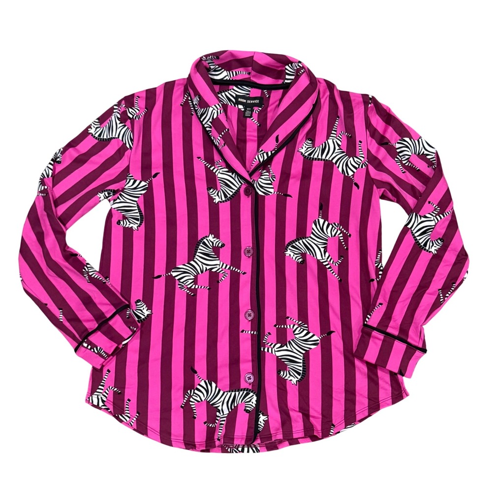 Room Service Pajama Top Womens Sz S Pink Purple Zebra Stripe Button Up Sleepwear